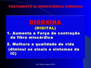 DIGOXINADIGOXINA
(DIGITAL)(DIGITAL)
1. Aumenta a Força de contração1. Aumenta a Força de contração
da fibra miocárdicada fibra miocárdica
2. Melhora a qualidade de vida2. Melhora a qualidade de vida
(diminui os sinais e sintomas da(diminui os sinais e sintomas da
IC)IC)
TRATAMENTO da INSUFICIÊNCIA CARDÍACATRATAMENTO da INSUFICIÊNCIA CARDÍACA
Prof. Marco Aguiar (UPE)
 