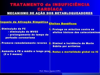 Bloqueio da Ativação Simpática
.. Diminuição da FCDiminuição da FC
- diminuição do MVO2- diminuição do MVO2
- prolongamento do tempo de- prolongamento do tempo de
perfusão coronarianaperfusão coronariana
.. Promove remodelamento reversoPromove remodelamento reverso
.. Aumenta a FE a médio e longo prazoAumenta a FE a médio e longo prazo
(2 a 3 meses)(2 a 3 meses)
Efeitos BenéficosEfeitos Benéficos
1.1. Protege os miócitos contra osProtege os miócitos contra os
efeitos tóxicos das catecolaminasefeitos tóxicos das catecolaminas
2.2. Diminui a incidência de MorteDiminui a incidência de Morte
Súbita por arritmiasSúbita por arritmias
3. Reduz a mortalidade global na IC3. Reduz a mortalidade global na IC
TRATAMENTO da INSUFICIÊNCIATRATAMENTO da INSUFICIÊNCIA
CARDÍACACARDÍACA
MECANISMO DE AÇÃO DOS BETABLOQUEADORESMECANISMO DE AÇÃO DOS BETABLOQUEADORES
Prof. Marco Aguiar (UPE)
 