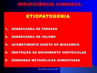 INSUFICIÊNCIA CARDÍACAINSUFICIÊNCIA CARDÍACA
ETIOPATOGENIA
1. SOBRECARGA DE PRESSÃO
2. SOBRECARGA DE VOLUME
3. ACOMETIMENTO DIRETO DO MIOCÁRDIO
4. RESTRIÇÃO AO ENCHIMENTO VENTRICULAR
5. DEMANDAS METABÓLICAS AUMENTADAS
Prof. Marco Aguiar (UPE)
 