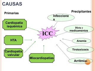ICC
Cardiopatía
isquémica
HTA
Cardiopatía
valvular
Anemia
Infeccione
s
Dieta y
medicamentos
Arritmias
Primarias
Miocardiopatías
Precipitantes
Tirotoxicosis
CAUSAS
 