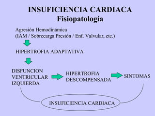 INSUFICIENCIA CARDIACA
Fisiopatología
Agresión Hemodinámica
(IAM / Sobrecarga Presión / Enf. Valvular, etc.)
HIPERTROFIA ADAPTATIVA
DISFUNCION
VENTRICULAR
IZQUIERDA
HIPERTROFIA
DESCOMPENSADA
SINTOMAS
INSUFICIENCIA CARDIACA
 