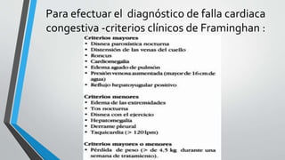 Para efectuar el diagnóstico de falla cardiaca
congestiva -criterios clínicos de Framinghan :
 