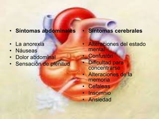 • Síntomas abdominales 
• La anorexia 
• Náuseas 
• Dolor abdominal 
• Sensación de plenitud 
• Síntomas cerebrales 
• Alteraciones del estado 
mental 
• Confusión 
• Dificultad para 
concentrarse 
• Alteraciones de la 
memoria 
• Cefaleas 
• Insomnio 
• Ansiedad 
 