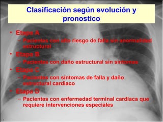Clasificación según evolución y
pronostico
• Etapa A
– Pacientes con alto riesgo de falla sin anormalidad
estructural

• Etapa B
– Pacientes con daño estructural sin síntomas

• Etapa C
– Pacientes con síntomas de falla y daño
estructural cardiaco

• Etapa D
– Pacientes con enfermedad terminal cardiaca que
requiere intervenciones especiales
Jessup,M.Brozena,S.Heart failure.NEJM.Mayo 15,2003

 