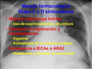 Manejo farmacológico
Etapa C o D sintomáticos
• Mejorar sobrecarga hídrica
– Uso de espirinolactona y diuréticos

• Disminuir su agravación y
hospitalización
– Digoxina
– Activadores de la miosina cardiaca

• Intolerancia a IECAs o ARA2
– Hidralazina y dinitrato de isosorbide
Jessup,M.Brozena,S.Heart failure.NEJM.Mayo 15,2003

 