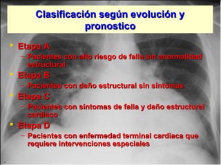 Jessup,M.Brozena,S.Heart failure.NEJM.Mayo 15,2003
Clasificación según evolución yClasificación según evolución y
pronosticopronostico
 Etapa AEtapa A
– Pacientes con alto riesgo de falla sin anormalidadPacientes con alto riesgo de falla sin anormalidad
estructuralestructural
 Etapa BEtapa B
– Pacientes con daño estructural sin síntomasPacientes con daño estructural sin síntomas
 Etapa CEtapa C
– Pacientes con síntomas de falla y daño estructuralPacientes con síntomas de falla y daño estructural
cardiacocardiaco
 Etapa DEtapa D
– Pacientes con enfermedad terminal cardiaca quePacientes con enfermedad terminal cardiaca que
requiere intervenciones especialesrequiere intervenciones especiales
 