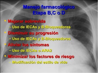Jessup,M.Brozena,S.Heart failure.NEJM.Mayo 15,2003
Manejo farmacológicoManejo farmacológico
Etapa B,C o DEtapa B,C o D
 Mejorar sobrevidaMejorar sobrevida
– Uso de IECAs y B-BloqueadoresUso de IECAs y B-Bloqueadores
 Disminuir su progresiónDisminuir su progresión
– Uso de IECAs y B-BloqueadoresUso de IECAs y B-Bloqueadores
 Aliviar los síntomasAliviar los síntomas
– Uso de IECAs o ARA2Uso de IECAs o ARA2
 Minimizar los factores de riesgoMinimizar los factores de riesgo
– Modificación del estilo de vidaModificación del estilo de vida
 