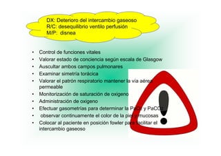 DX: Deterioro del intercambio gaseoso
       R/C: d
       R/C desequilibrio ventilo perfusión
                   ilib i     til   f ió
       M/P: disnea


•   Control de funciones vitales
•   Valorar estado de conciencia según escala de Glasgow
•   Auscultar ambos campos pulmonares
•   Examinar simetría torácica
•   Valorar el patrón respiratorio mantener la vía aérea
    permeable
•   Monitorización de saturación de oxigeno
•   Administración de oxigeno
•   Efectuar gasometrías para determinar la PaO2 y PaCO2
•    observar continuamente el color de la piel y mucosas
•   Colocar al paciente en posición fowler para facilitar el
    intercambio gaseoso
                 g
 