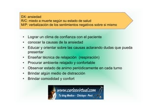 DX: ansiedad
R/C: miedo a muerte según su estado de salud
M/P: verbalización de los sentimientos negativos sobre si mismo


 •   Lograr un clima de confianza con el paciente
 •   conocer la causas de la ansiedad
 •   Educar y orientar sobre las causas aclarando dudas que pueda
     presentar
 •   Enseñar técnica de relajación (respiración)
 •   Procurar ambiente relajado y confortable
 •   Observar estado de animo periódicamente en cada turno
 •   Brindar algún medio de distracción
 •   Brindar comodidad y confort
 