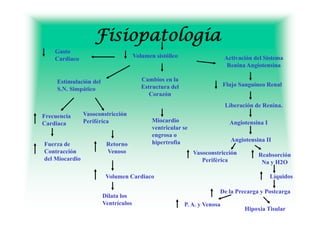 Fisiopatología
    Gasto
    Cardiaco                          Volumen sistólico                    Activación del Sistema
                                                                            Renina Angiotensina

     Estimulación del                    Cambios en la
                                         Estructura del                    Flujo Sanguíneo Renal
                                                                              j     g
     S.N. Simpático
     S N Si áti
                                            Corazón
                                                                           Liberación de Renina.
Frecuencia      Vasoconstricción
                V        t i ió
Cardiaca        Periférica                   Miocardio                       Angiotensina I
                                             ventricular se
                                             engrosa o
                                             hipertrofia                     Angiotensina
                                                                             A i t i II
Fuerza de                Retorno
Contracción              Venoso                               Vasoconstricción         Reabsorción
del Miocardio                                                    Periférica             Na y H2O

                         Volumen Cardiaco                                                     Líquidos

                                                                       De la Precarga y Postcarga
                                                                       D l P            P t
                        Dilata los
                        Ventrículos                       P. A. y Venosa
                                                                                  Hipoxia Tisular
 