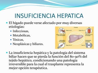 INSUFICIENCIA HEPATICA
 El hígado puede verse afectado por muy diversas
etiologías:
 Infecciosas,
 Metabólicas,
 Tóxicas,
 Neoplásicas y biliares.
 La insuficiencia hepática y la patologia del sistema
biliar hacen que se pierda la función del 80-90% del
tejido hepático, condicionando una patología
irreversible para la cual el trasplante representa la
mejor opción terapéutica.
 