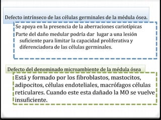 Defecto intrínseco de las células germinales de la médula ósea.
Se apoya en la presencia de la aberraciones cariotípicas
Parte del daño medular podría dar lugar a una lesión
suficiente para limitar la capacidad proliferativa y
diferenciadora de las células germinales.
Defecto del denominado microambiente de la médula ósea
Está y formado por los fibroblastos, mastocitos,
adipocitos, células endoteliales, macrófagos células
reticulares. Cuando este esta dañado la MO se vuelve
insuficiente.
 