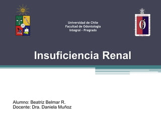 Insuficiencia Renal
Universidad de Chile
Facultad de Odontología
Integral - Pregrado
Alumno: Beatriz Belmar R.
Docente: Dra. Daniela Muñoz
 