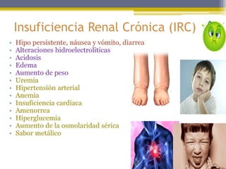 Insuficiencia Renal Crónica (IRC)
• Hipo persistente, náusea y vómito, diarrea
• Alteraciones hidroelectroliticas
• Acidosis
• Edema
• Aumento de peso
• Uremia
• Hipertensión arterial
• Anemia
• Insuficiencia cardiaca
• Amenorrea
• Hiperglucemia
• Aumento de la osmolaridad sérica
• Sabor metálico
 