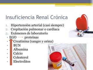Insuficiencia Renal Crónica
1. Hipertensión arterial (casi siempre)
2. Crepitación pulmonar o cardiaca
3. Exámenes de laboratorio
• EGO proteínas
• Creatinina (sangre y orina)
• BUN
• Albumina
• Calcio
• Colesterol
• Electrolitos
 