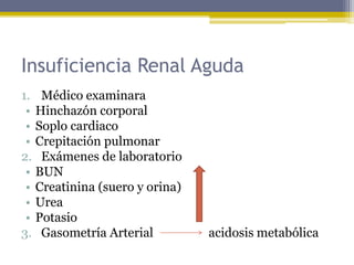 Insuficiencia Renal Aguda
1. Médico examinara
• Hinchazón corporal
• Soplo cardiaco
• Crepitación pulmonar
2. Exámenes de laboratorio
• BUN
• Creatinina (suero y orina)
• Urea
• Potasio
3. Gasometría Arterial acidosis metabólica
 