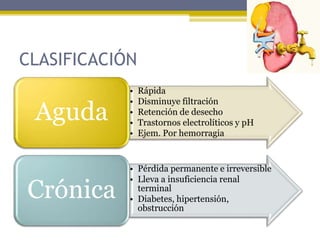 CLASIFICACIÓN
• Rápida
• Disminuye filtración
• Retención de desecho
• Trastornos electrolíticos y pH
• Ejem. Por hemorragia
Aguda
• Pérdida permanente e irreversible
• Lleva a insuficiencia renal
terminal
• Diabetes, hipertensión,
obstrucción
Crónica
 