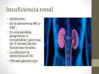 Insuficiencia renal
• Definicion:
• Se le denomina IRC o
ERC .
• Es una perdida
progresiva e
irreversible ( por mas
de 3 meses) de las
funciones renales.
• La afeccion la
determina el FG
• Filtrado glomerular
 