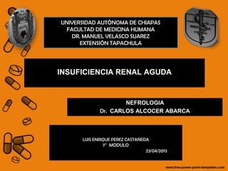 UNIVERSIDAD AUTÓNOMA DE CHIAPAS
FACULTAD DE MEDICINA HUMANA
DR. MANUEL VELASCO SUAREZ
EXTENSIÓN TAPACHULA
INSUFICIENCIA RENAL AGUDA
NEFROLOGIA
Dr. CARLOS ALCOCER ABARCA
LUIS ENRIQUE PEREZ CASTAÑEDA
7° MODULO
23/04/2013
 