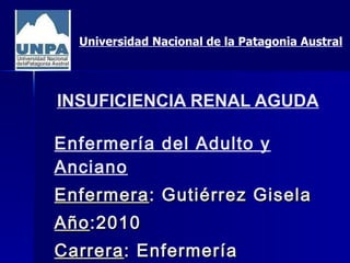 INSUFICIENCIA RENAL AGUDA Enfermería del Adulto y Anciano Enfermera : Gutiérrez Gisela  Año :2010 Carrera : Enfermería Universitaria Universidad Nacional de la Patagonia Austral 