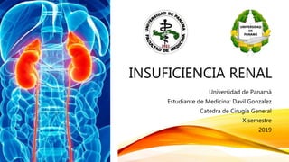 INSUFICIENCIA RENAL
Universidad de Panamá
Estudiante de Medicina: Davil Gonzalez
Catedra de Cirugía General
X semestre
2019
 