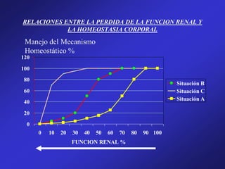 RELACIONES ENTRE LA PERDIDA DE LA FUNCION RENAL Y
LA HOMEOSTASIA CORPORAL
0
20
40
60
80
100
120
0 10 20 30 40 50 60 70 80 90 100
FUNCION RENAL %
Situación B
Situación C
Situación A
Manejo del Mecanismo
Homeostático %
 