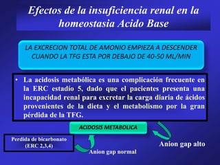 Efectos de la insuficiencia renal en la
homeostasia Acido Base
• La acidosis metabólica es una complicación frecuente en
la ERC estadío 5, dado que el pacientes presenta una
incapacidad renal para excretar la carga diaria de ácidos
provenientes de la dieta y el metabolismo por la gran
pérdida de la TFG.
LA EXCRECION TOTAL DE AMONIO EMPIEZA A DESCENDER
CUANDO LA TFG ESTA POR DEBAJO DE 40-50 ML/MIN
ACIDOSIS METABOLICA
Perdida de bicarbonato
(ERC 2,3,4) Anion gap alto
Anion gap normal
 