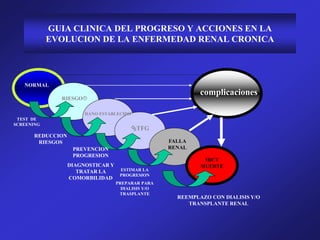 GUIA CLINICA DEL PROGRESO Y ACCIONES EN LA
EVOLUCION DE LA ENFERMEDAD RENAL CRONICA
complicaciones
NORMAL
RIESGO
DANO ESTABLECIDO
TFG
FALLA
RENAL
IRCT
MUERTE
TEST DE
SCREENING
REDUCCION
RIESGOS
PREVENCION
PROGRESION
DIAGNOSTICAR Y
TRATAR LA
COMORBILIDAD
ESTIMAR LA
PROGRESION
PREPARAR PARA
DIALISIS Y/O
TRASPLANTE
REEMPLAZO CON DIALISIS Y/O
TRANSPLANTE RENAL
 