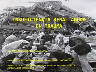 INSUFICIENCIA RENAL AGUDA
EN TRAUMA
DR. GILBERTO ADRIAN GASCA LOPEZ
MEDICO ADSCRITO ATERAPIA INTENSIVA IMSS UMAE LOMASVERDES
MEDICO ADSCRITO ATERAPIA INTENSIVA HOSPITAL REGIONAL DE ALTA
ESPECIALIDAD IXTAPALUCA
Revista medica 14(1) 2003
 