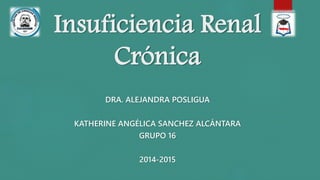 Insuficiencia Renal 
Crónica 
DRA. ALEJANDRA POSLIGUA 
KATHERINE ANGÉLICA SANCHEZ ALCÁNTARA 
GRUPO 16 
2014-2015 
 