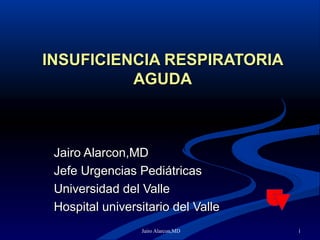 INSUFICIENCIA RESPIRATORIA
          AGUDA



 Jairo Alarcon,MD
 Jefe Urgencias Pediátricas
 Universidad del Valle
 Hospital universitario del Valle
                 Jairo Alarcon,MD   1
 