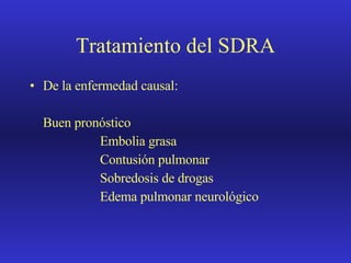 Tratamiento del SDRA De la enfermedad causal: Buen pronóstico Embolia grasa Contusión pulmonar Sobredosis de drogas Edema pulmonar neurológico 