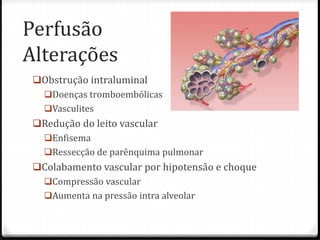 Perfusão
Alterações
Obstrução intraluminal
Doenças tromboembólicas
Vasculites
Redução do leito vascular
Enfisema
Ressecção de parênquima pulmonar
Colabamento vascular por hipotensão e choque
Compressão vascular
Aumenta na pressão intra alveolar
 
