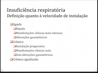 Insuficiência respiratória
Definição quanto à velocidade de instalação
Aguda
Rápida
Manifestações clínicas mais intensas
Alterações gasométricas
Crônica
Instalação progressiva
Manifestações clínicas sutis
Sem alterações gasométricas
Crônica agudizada
 