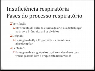 Insuficiência respiratória
Fases do processo respiratório
Ventilação
Movimento de entrada e saída do ar e sua distribuição
na árvore brônquica até os alvéolos
Difusão:
Passagem do O₂ e CO₂ através da membrana
alveolocapilar
Perfusão:
Passagem de sangue pelos capilares alveolares para
trocas gasosas com o ar que está nos alvéolos
 