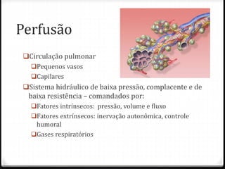 Perfusão
Circulação pulmonar
Pequenos vasos
Capilares
Sistema hidráulico de baixa pressão, complacente e de
baixa resistência – comandados por:
Fatores intrínsecos: pressão, volume e fluxo
Fatores extrínsecos: inervação autonômica, controle
humoral
Gases respiratórios
 