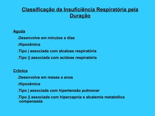 Classificação da Insuficiência Respiratória pela
Duração
Aguda
.Desenvolve em minutos a dias
.Hipoxêmica
.Tipo | associada com alcalose respiratória
.Tipo || associada com acidose respiratória
Crônica
.Desenvolve em meses a anos
.Hipoxêmica
.Tipo | associada com hipertensão pulmonar
.Tipo || associada com hipercapnia e alcalemia metabólica
compensada
 