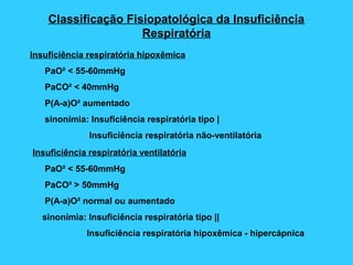 Classificação Fisiopatológica da Insuficiência
Respiratória
Insuficiência respiratória hipoxêmica
PaO² < 55-60mmHg
PaCO² < 40mmHg
P(A-a)O² aumentado
sinonímia: Insuficiência respiratória tipo |
Insuficiência respiratória não-ventilatória
Insuficiência respiratória ventilatória
PaO² < 55-60mmHg
PaCO² > 50mmHg
P(A-a)O² normal ou aumentado
sinonímia: Insuficiência respiratória tipo ||
Insuficiência respiratória hipoxêmica - hipercápnica
 