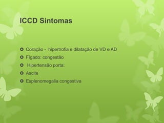 ICCD Sintomas


 Coração - hipertrofia e dilatação de VD e AD
 Fígado: congestão
 Hipertensão porta:
 Ascite
 Esplenomegalia congestiva
 