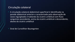 Circulação colateral
• A circulação colateral abdominal superficial é identificada na
parede abdominal anterior e caracterizada pela observação de
vasos ingurgitados irradiando da cicatriz umbilical com fluxo
sanguíneo ascendente, acima da cicatriz umbilical e descendente,
abaixo da cicatriz umbilical
• Sinal de Curveilhier-Baumgarten
 
