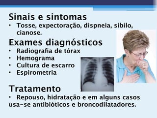 Sinais e sintomas
• Tosse, expectoração, dispneia, sibilo,
cianose.
Exames diagnósticos
• Radiograﬁa de tórax
• Hemograma
• Cultura de escarro
• Espirometria
Tratamento
• Repouso, hidratação e em alguns casos
usa-se antibióticos e broncodilatadores.
 