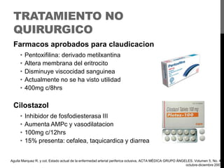 TRATAMIENTO NO
QUIRURGICO
Farmacos aprobados para claudicacion
•
•
•
•
•

Pentoxifilina: derivado metilxantina
Altera membrana del eritrocito
Disminuye viscocidad sanguinea
Actualmente no se ha visto utilidad
400mg c/8hrs

Cilostazol
•
•
•
•

Inhibidor de fosfodiesterasa III
Aumenta AMPc y vasodilatacion
100mg c/12hrs
15% presenta: cefalea, taquicardica y diarrea

Aguila Marquez R. y col, Estado actual de la enfermedad arterial periferica oclusiva, ACTA MÉDICA GRUPO ÁNGELES. Volumen 5, No. 4,
octubre-diciembre 2007

 