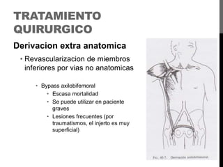 TRATAMIENTO
QUIRURGICO
Derivacion extra anatomica
• Revascularizacion de miembros
inferiores por vias no anatomicas
• Bypass axilobifemoral
• Escasa mortalidad
• Se puede utilizar en paciente
graves
• Lesiones frecuentes (por
traumatismos, el injerto es muy
superficial)

 