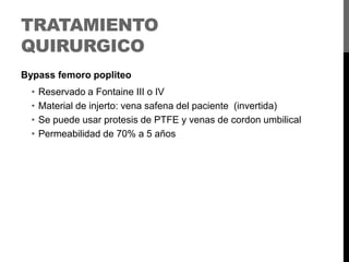 TRATAMIENTO
QUIRURGICO
Bypass femoro popliteo

•
•
•
•

Reservado a Fontaine III o IV
Material de injerto: vena safena del paciente (invertida)
Se puede usar protesis de PTFE y venas de cordon umbilical
Permeabilidad de 70% a 5 años

 