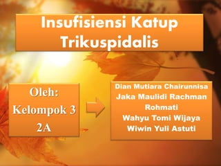 Insufisiensi Katup
Trikuspidalis
Oleh:
Kelompok 3
2A
Dian Mutiara Chairunnisa
Jaka Maulidi Rachman
Rohmati
Wahyu Tomi Wijaya
Wiwin Yuli Astuti
 