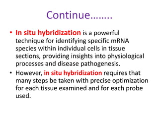 Continue…….. 
• In situ hybridization is a powerful 
technique for identifying specific mRNA 
species within individual cells in tissue 
sections, providing insights into physiological 
processes and disease pathogenesis. 
• However, in situ hybridization requires that 
many steps be taken with precise optimization 
for each tissue examined and for each probe 
used. 
 