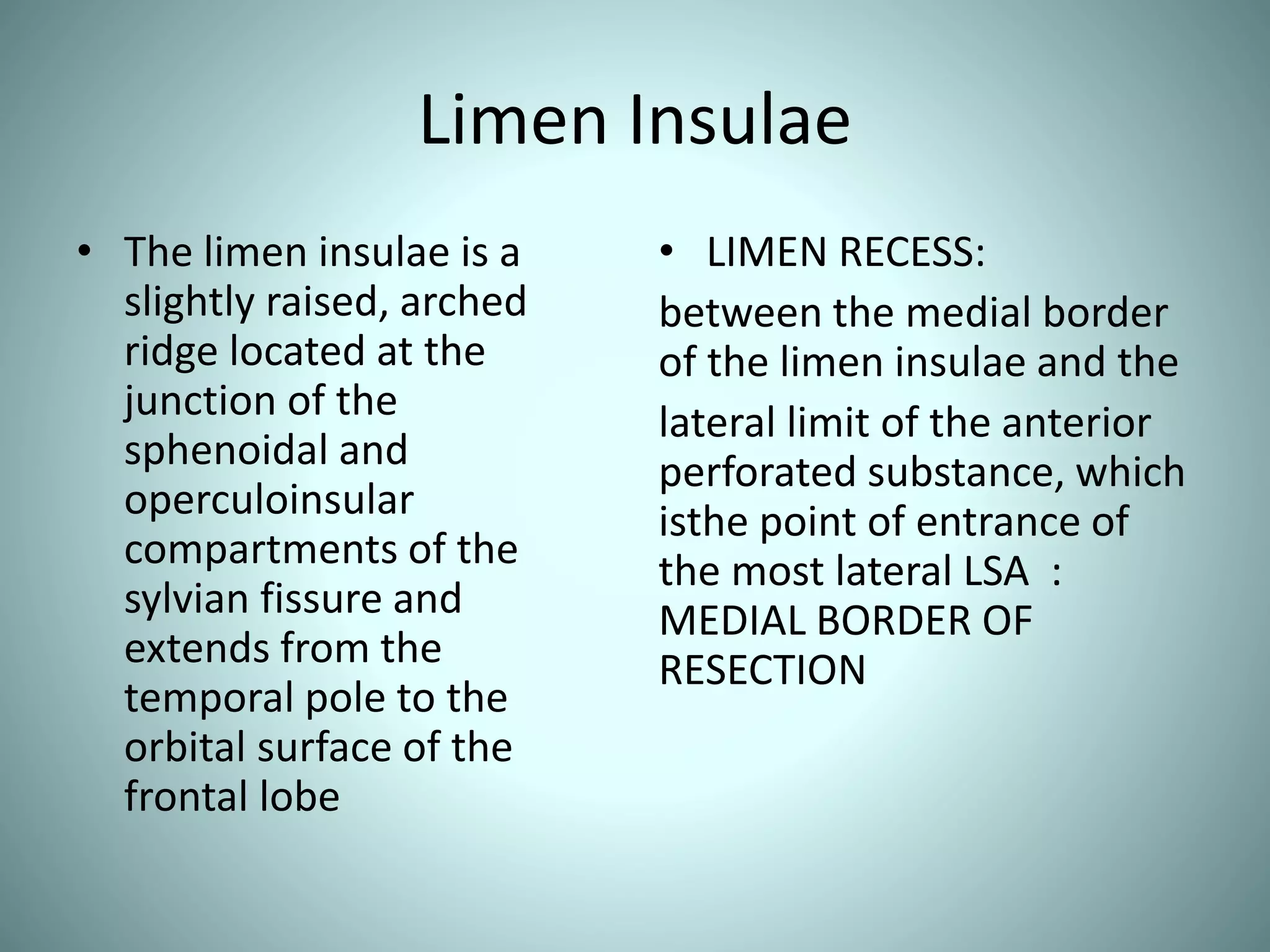 Limen Insulae
• The limen insulae is a
slightly raised, arched
ridge located at the
junction of the
sphenoidal and
operculoinsular
compartments of the
sylvian fissure and
extends from the
temporal pole to the
orbital surface of the
frontal lobe
• LIMEN RECESS:
between the medial border
of the limen insulae and the
lateral limit of the anterior
perforated substance, which
isthe point of entrance of
the most lateral LSA :
MEDIAL BORDER OF
RESECTION
 