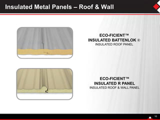 Insulated Metal Panels – Roof & Wall
ECO-FICIENT™
INSULATED BATTENLOK ®
INSULATED ROOF PANEL
ECO-FICIENT™
INSULATED R PANEL
INSULATED ROOF & WALL PANEL
16
 