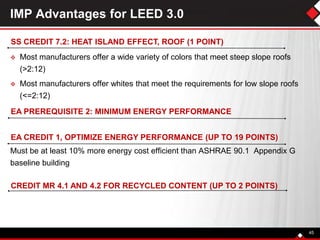Must be at least 10% more energy cost efficient than ASHRAE 90.1 Appendix G
baseline building
IMP Advantages for LEED 3.0
 Most manufacturers offer a wide variety of colors that meet steep slope roofs
(>2:12)
 Most manufacturers offer whites that meet the requirements for low slope roofs
(<=2:12)
45
SS CREDIT 7.2: HEAT ISLAND EFFECT, ROOF (1 POINT)
EA PREREQUISITE 2: MINIMUM ENERGY PERFORMANCE
EA CREDIT 1, OPTIMIZE ENERGY PERFORMANCE (UP TO 19 POINTS)
CREDIT MR 4.1 AND 4.2 FOR RECYCLED CONTENT (UP TO 2 POINTS)
 