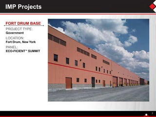 IMP Projects
7
FORT DRUM BASE
PROJECT TYPE:
Government
LOCATION:
Fort Drum, New York
PANEL:
ECO-FICIENT™ SUMMIT
 